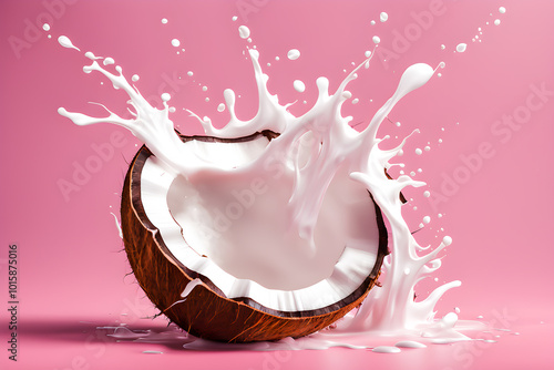 illustration of Coconut and liquid splashing on the pink background.