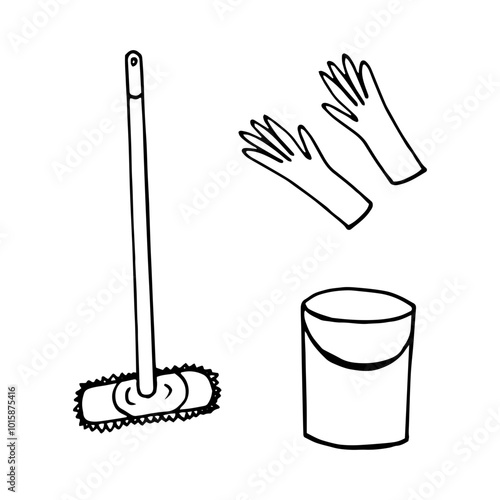 cleaning set hand drawn in doodle style. mop, bucket,gloves. minimalism, monochrome, scandinavian, linear