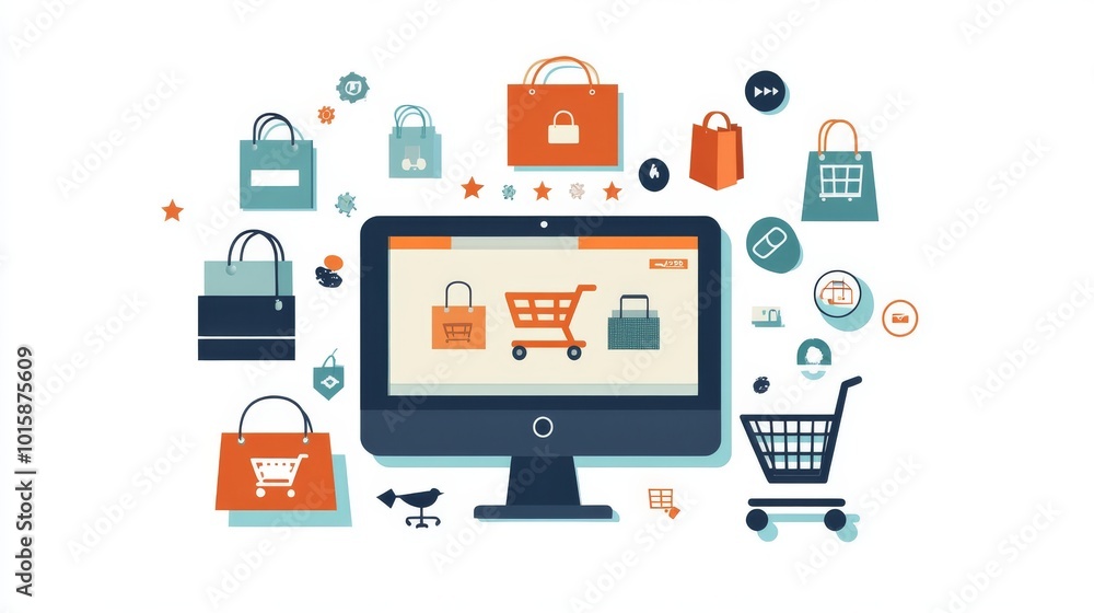 A computer screen shows a website for online shopping. It promises fast delivery and includes images of a laptop, a shopping cart, a package, and shopping bags. A computer screen shows a website for online shopping. It promises fast delivery and includes images of a laptop, a shopping cart, a package, and shopping bags.