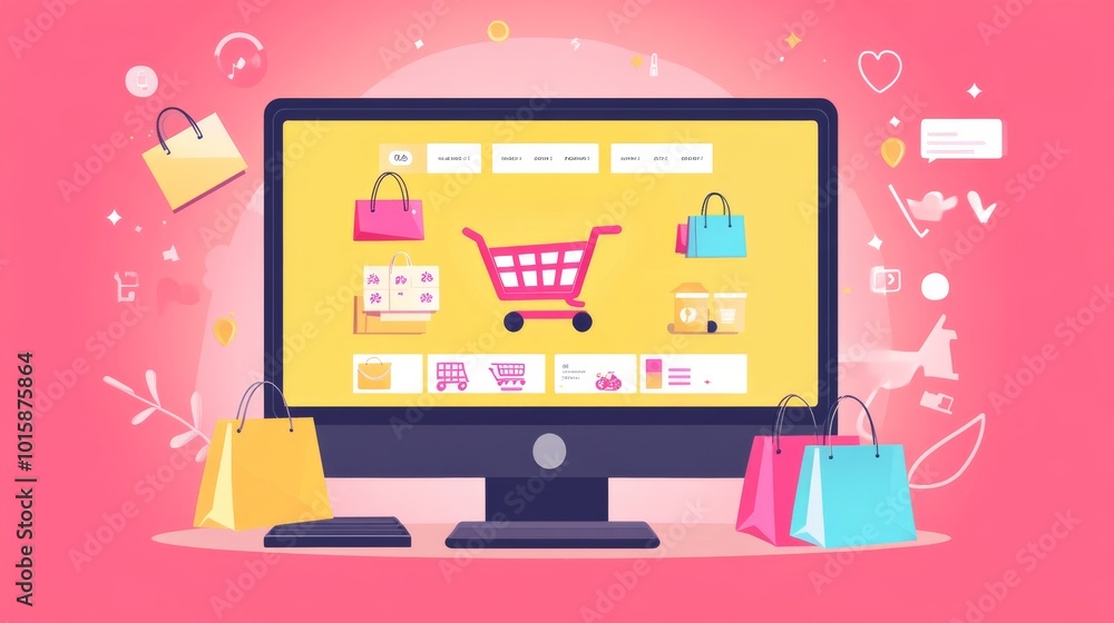 A computer screen shows a website for online shopping. It promises fast delivery and includes images of a laptop, a shopping cart, a package, and shopping bags. A computer screen shows a website for online shopping. It promises fast delivery and includes images of a laptop, a shopping cart, a package, and shopping bags.