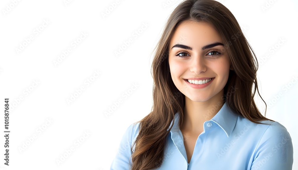 Portrait of a Smiling Woman with Long Brown Hair Wearing a Blue Shirt Portrait of a Smiling Woman with Long Brown Hair Wearing a Blue Shirt