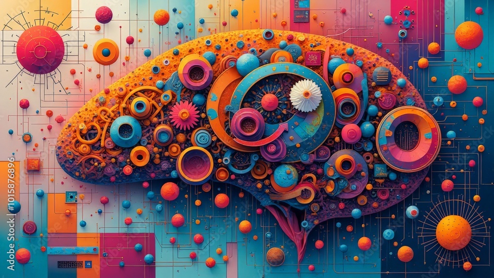 Obraz premium Abstract brain concept with colorful circular elements and geometric background