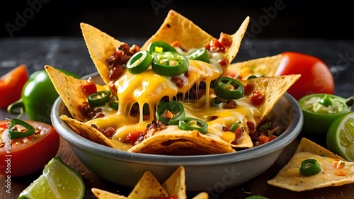 tasty cheesy crispy nachos with yellow cheese cream, sliced jalapeno & tomatoes. yummy tortilla chips snack or party appetizer totopo Mexican dish photo