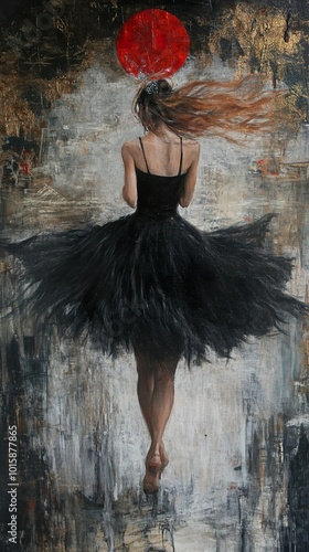 Elegant Ballerina in Black Dress with Red Circle