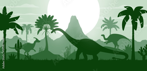 Prehistoric dinosaur silhouettes at Jurassic forest landscape with sunset, vector background. Dino world with cartoon giant lizards and prehistoric reptiles silhouette for paleontology atlas or museum