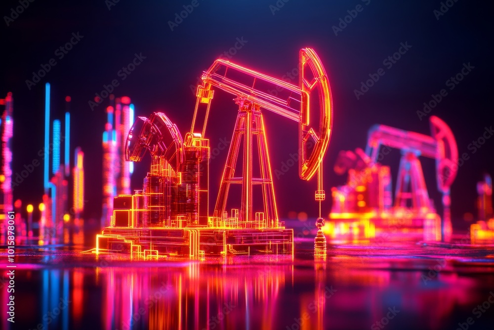 Futuristic oil rig model with neon lights on a reflective surface. Futuristic oil rig model with neon lights on a reflective surface.