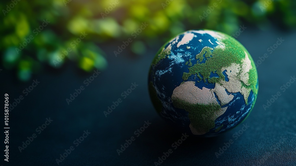 Globe model on table with green flora background, emphasizing Earth's beauty. Globe model on table with green flora background, emphasizing Earth's beauty.