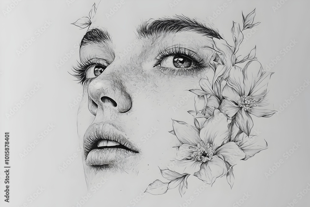 Obraz premium Intricate pencil drawing of a woman's face with delicate flowers blooming around her.