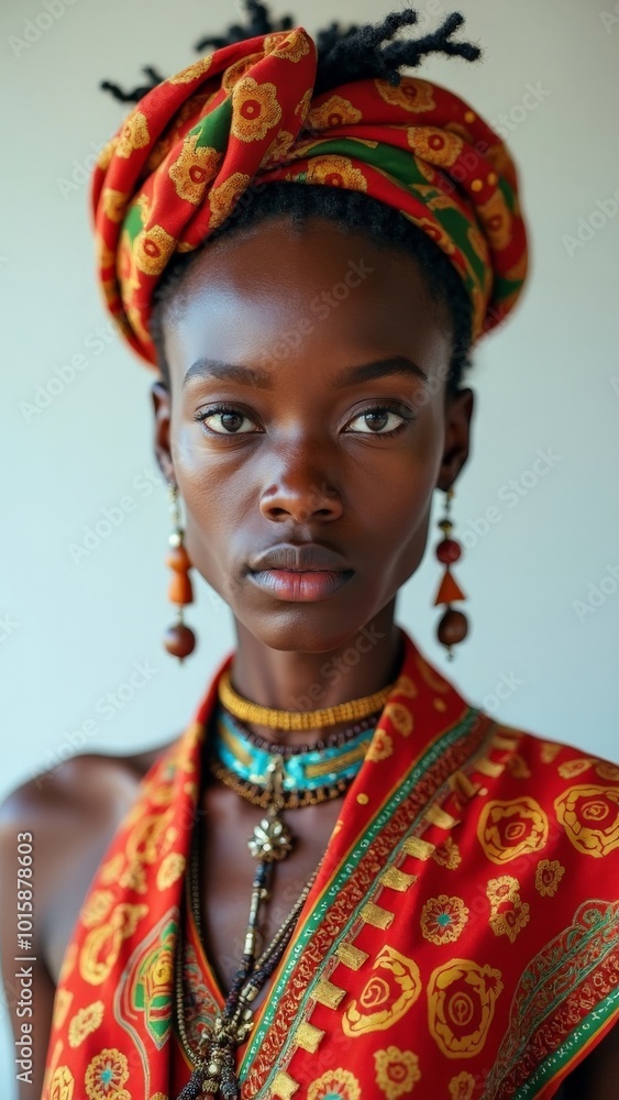 Fototapeta premium Portrait of a young woman wearing colorful African-inspired attire, with headwrap, earrings, and layered necklaces