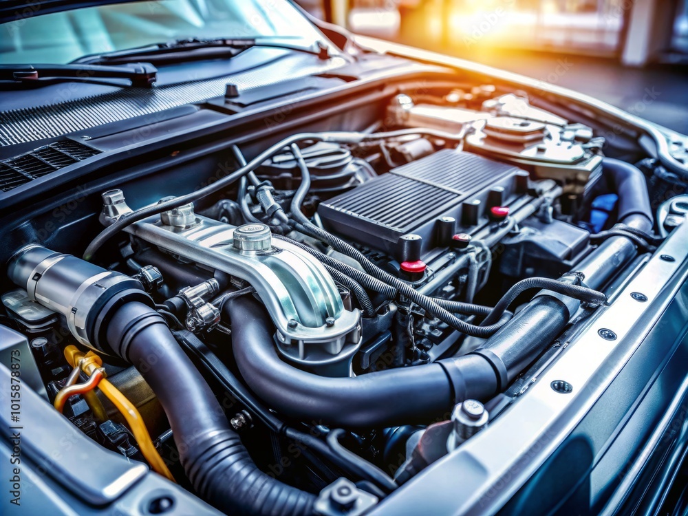 Modern Car Engine Interior with Copy Space for Automotive Design and Technology Focus Modern Car Engine Interior with Copy Space for Automotive Design and Technology Focus