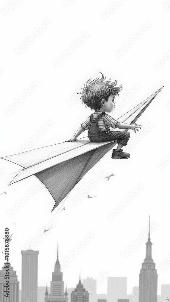 Child riding a paper airplane over city skyline, imaginative and whimsical flight concept