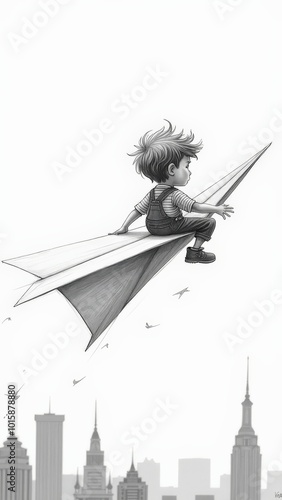 Child riding a paper airplane over city skyline, imaginative and whimsical flight concept