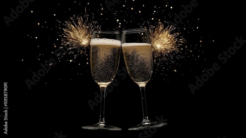 Two champagne glasses ready to bring in the New Year,toasting with champagne glasses against holiday lights and new year fireworks,eve celebration Countdown,Toast Cheering With Abstract Background.