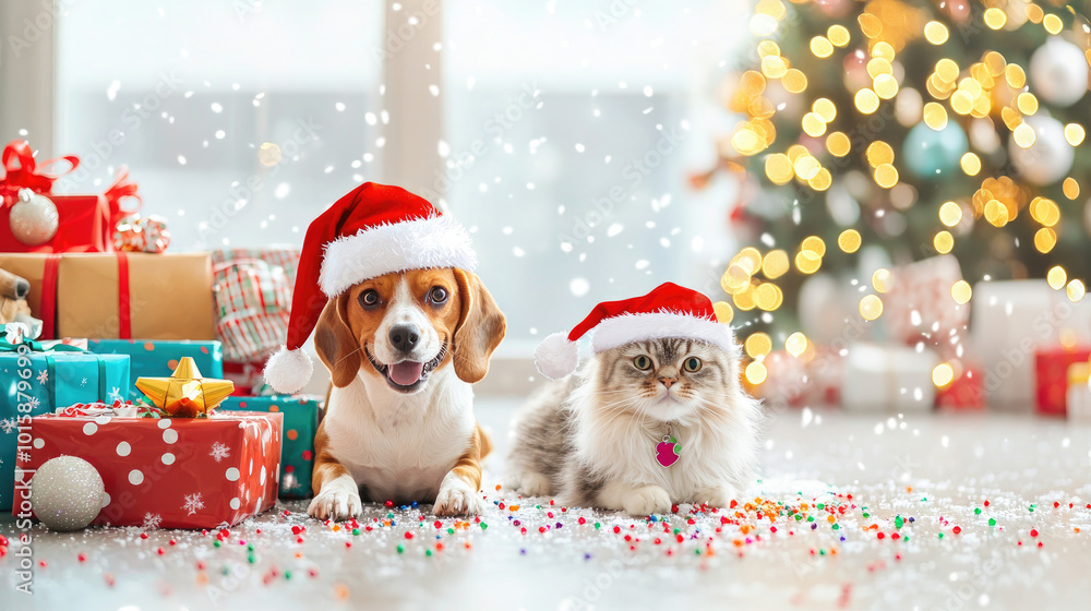 A playful beagle and a fluffy Persian cat, both wearing vibrant Santa hats, sitting amidst colorful Christmas presents, while a snowy winter wonderland is visible through the window. A playful beagle and a fluffy Persian cat, both wearing vibrant Santa hats, sitting amidst colorful Christmas presents, while a snowy winter wonderland is visible through the window.