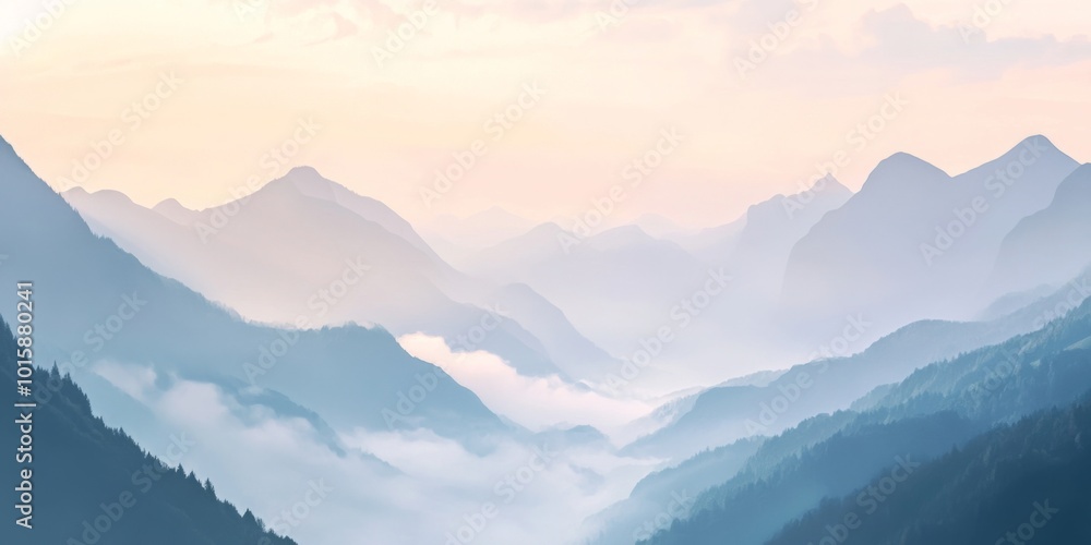 Stylized illustration of a serene mountain landscape enveloped in fog, featuring soft pastel colors Stylized illustration of a serene mountain landscape enveloped in fog, featuring soft pastel colors