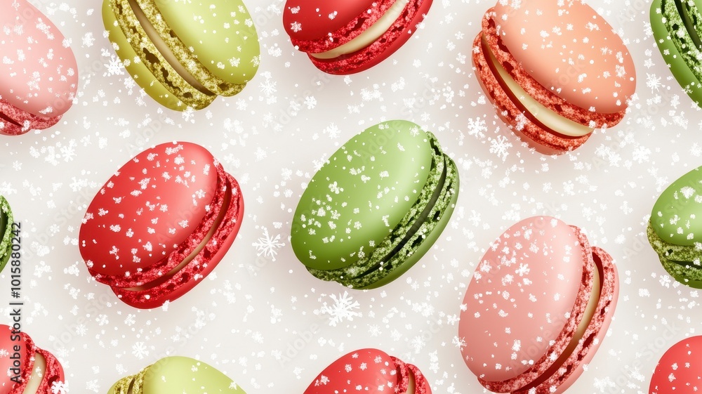 Obraz premium Red macaroons on color background,French macaroons for a christmas retail display,christmas tree in bakery shop,Open shop window with specialties pastry in holiday season,traditional french bakery.