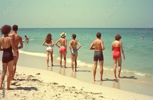 Vintage beach scene with people standing at the shoreline, ocean in background