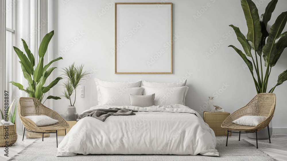 A bright, minimalist bedroom featuring white bedding, green plants, Minimalist Bedroom Interior with Empty Picture Frame and Bedside Tables. A bright, minimalist bedroom featuring white bedding, green plants, Minimalist Bedroom Interior with Empty Picture Frame and Bedside Tables.
