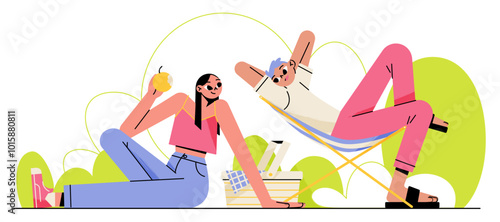 Woman and a man relax together on picnic