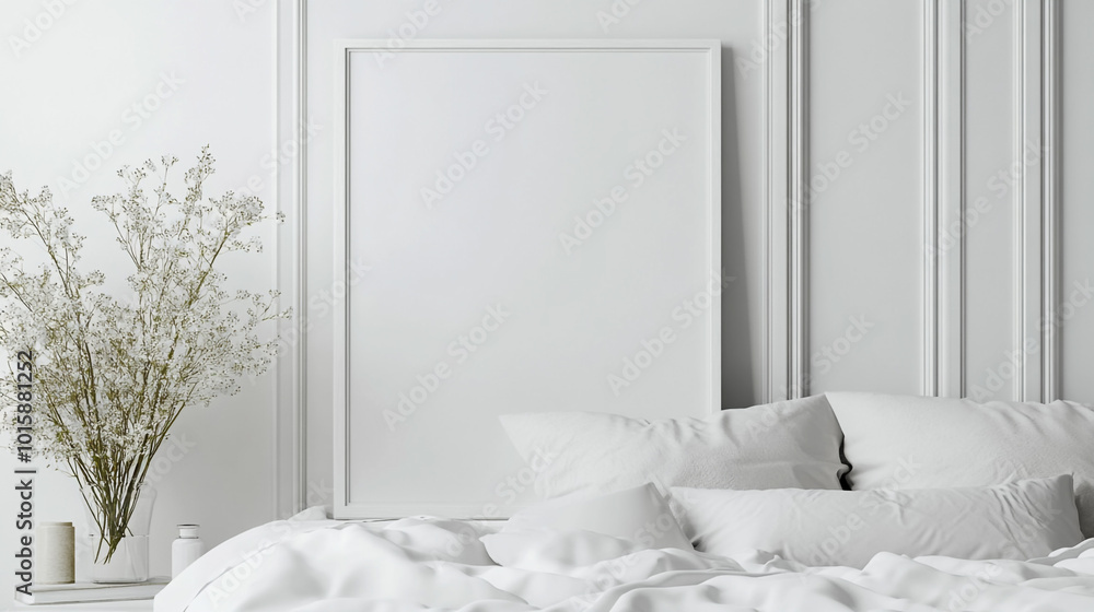 A minimalist bedroom with a clean, white bed and a single piece of art on the wall, White wardrobe standing in a bright minimalist bedroom. A minimalist bedroom with a clean, white bed and a single piece of art on the wall, White wardrobe standing in a bright minimalist bedroom.