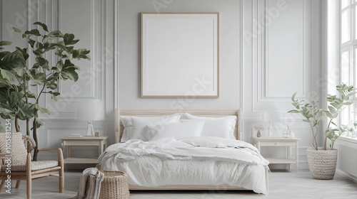 A minimalist bedroom with a clean, white bed and a single piece of art on the wall, White wardrobe standing in a bright minimalist bedroom.