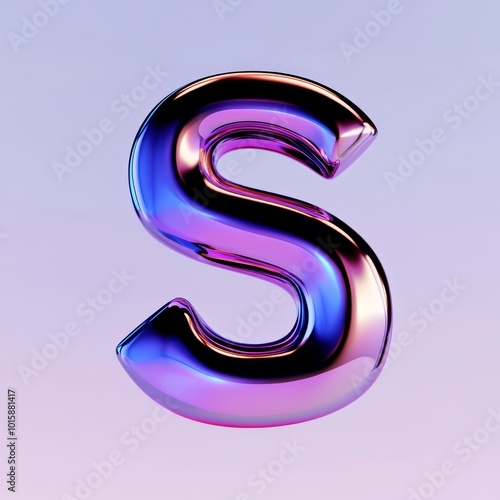 The letter "S", made in 3D style. front view. The letter is filled with abstract geometric shapes and lines, playing with light and shadow. The background is a gradient from light purple to deep blue