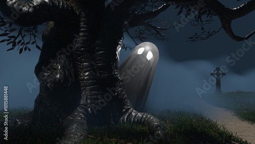 Fotografie The image depicts a ghostly apparition partially concealed behind a gnarled tree in a dimly lit graveyard, with a mist looming over the ground, enhancing the haunting mood