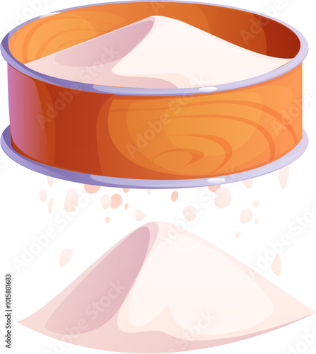 Flour being sifted through a wooden sieve, essential step in baking and cooking kitchen processes. Cartoon vector image captures light, airy texture of sifted flour, emphasizing culinary preparation
