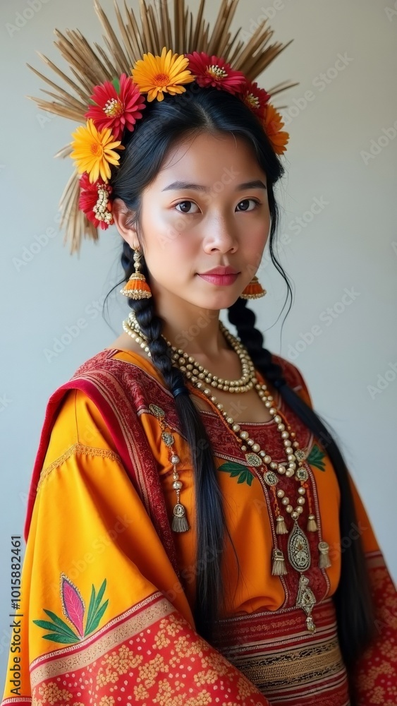 Young woman in traditional Filipino attire with floral headdress and jewelry Young woman in traditional Filipino attire with floral headdress and jewelry