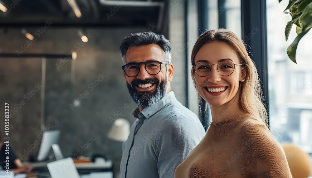 Smiling man and woman in an office setting Smiling man and woman in an office setting