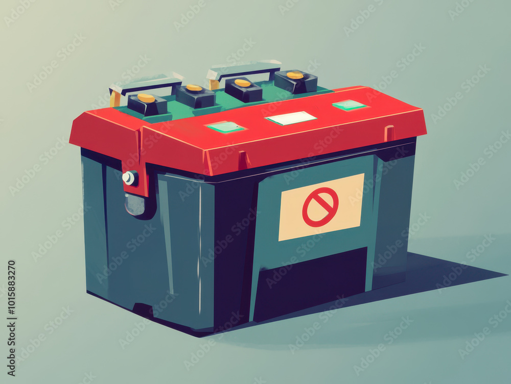 Digital art of car battery featuring vibrant design and clear warning symbol. battery is depicted in simplified style, showcasing its essential features and colors Digital art of car battery featuring vibrant design and clear warning symbol. battery is depicted in simplified style, showcasing its essential features and colors