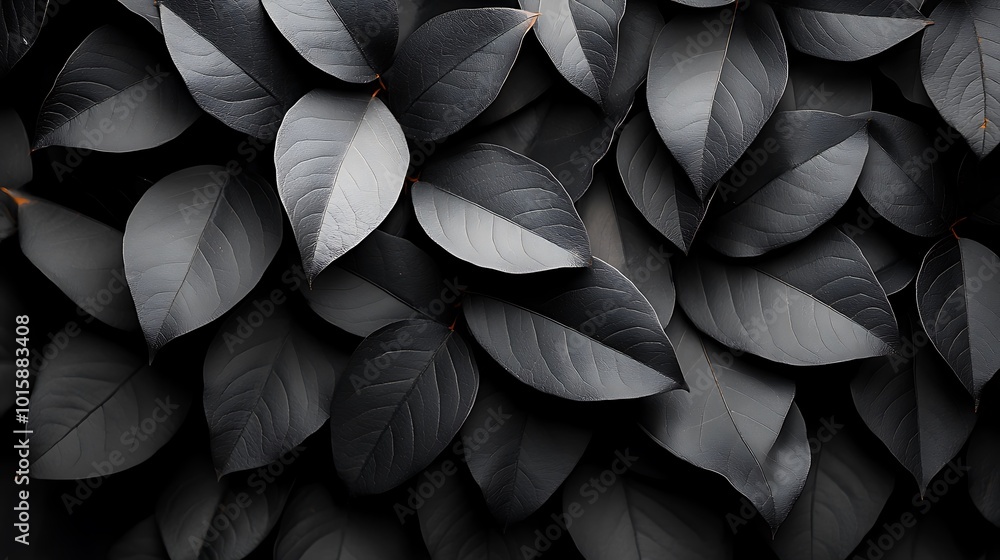 A close-up shot of dark green leaves arranged in a pattern. A close-up shot of dark green leaves arranged in a pattern.