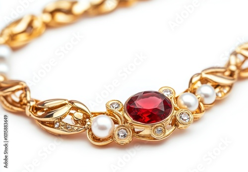 A vintage gold bracelet with red and white gemstones, including one large ruby in the center, is isolated on a white background. Generative AI