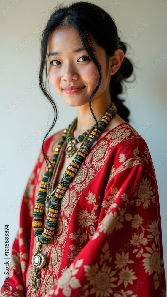 Young Woman in Traditional Attire with Ornate Jewelry Smiling Indoors Young Woman in Traditional Attire with Ornate Jewelry Smiling Indoors