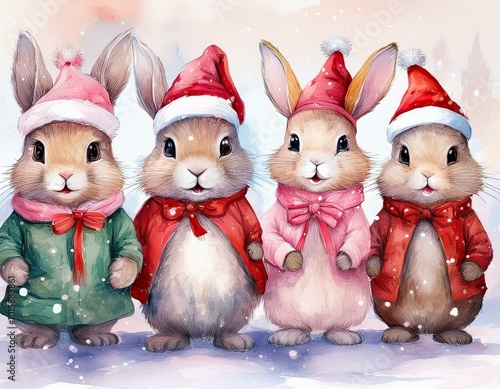 Christmas bunnies with Santa Hat, Pastel Watercolor Pink Dresses, caroling