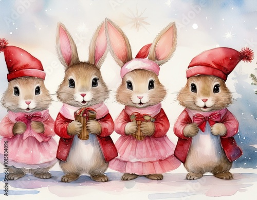 Christmas bunnies with Santa Hat, Pastel Watercolor Pink Dresses, caroling