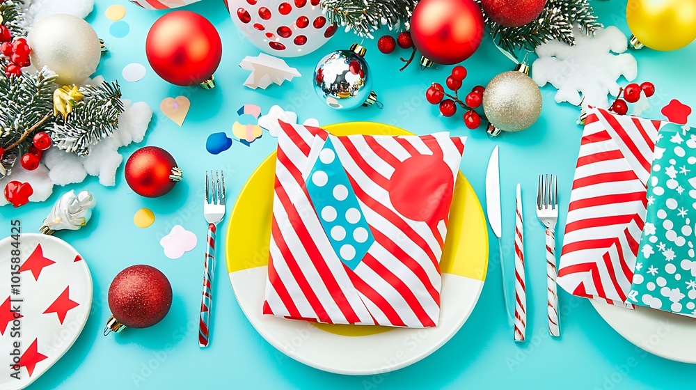 Fototapeta premium Christmas Table Setting with Red and White Striped Napkins and Festive Decorations