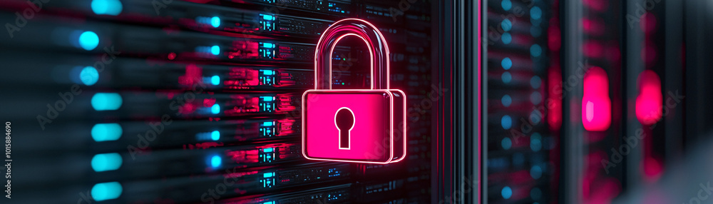 A server rack highlighted by a glowing digital padlock, showcasing the importance of data security in the digital age, with large areas of copy space for additional elements. A server rack highlighted by a glowing digital padlock, showcasing the importance of data security in the digital age, with large areas of copy space for additional elements.