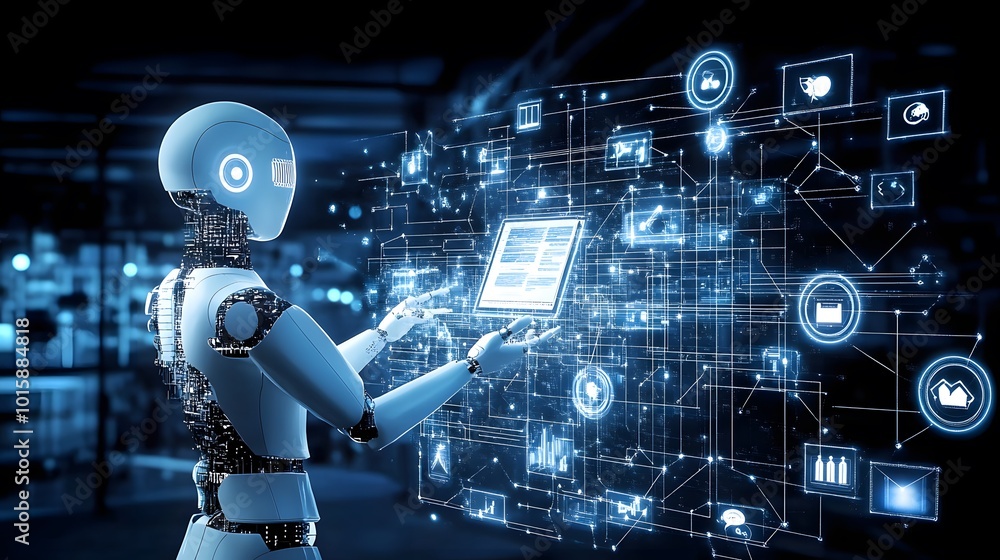 Futuristic AI Robot Interacting with Digital Interface Futuristic AI Robot Interacting with Digital Interface