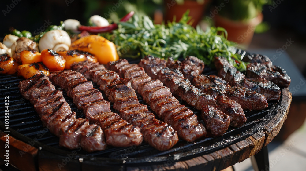 A grill sits on a wooden surface, loaded with fresh meat and vegetables. This image is all about barbecuing and enjoying delicious food. A grill sits on a wooden surface, loaded with fresh meat and vegetables. This image is all about barbecuing and enjoying delicious food.