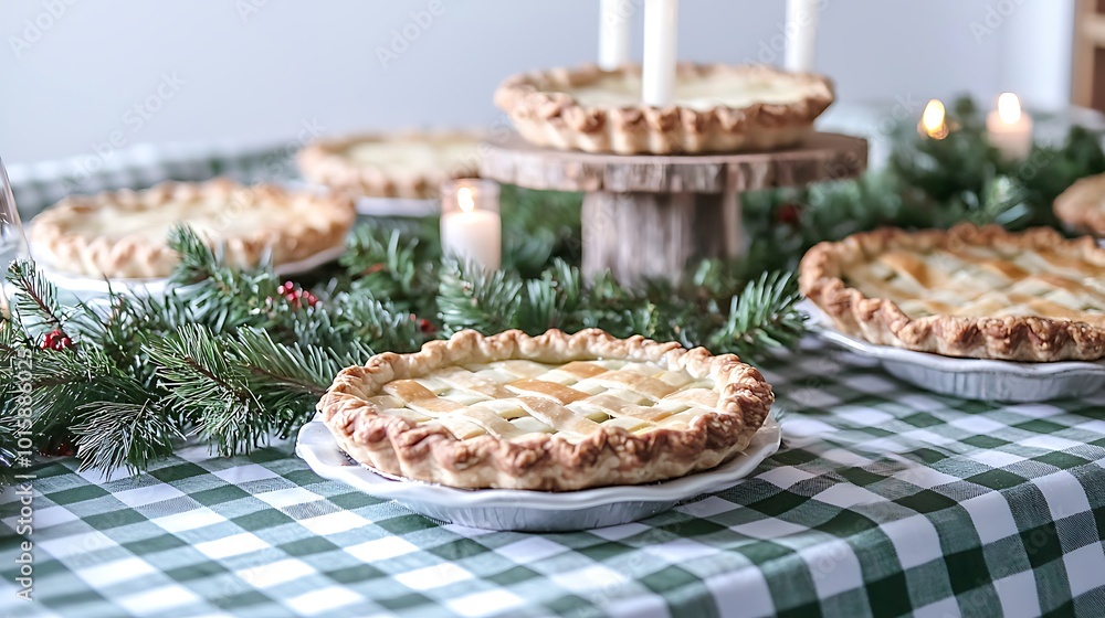 Homemade Apple Pie on Checkered Tablecloth with Pine Sprigs and Candles Homemade Apple Pie on Checkered Tablecloth with Pine Sprigs and Candles