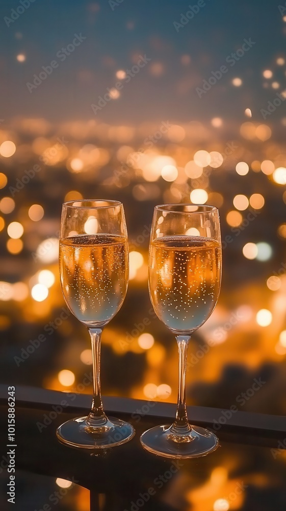 Two champagne glasses ready to bring in the New Year,toasting with champagne glasses against holiday lights and new year fireworks,eve celebration Countdown,Toast Cheering With Abstract Background. Two champagne glasses ready to bring in the New Year,toasting with champagne glasses against holiday lights and new year fireworks,eve celebration Countdown,Toast Cheering With Abstract Background.