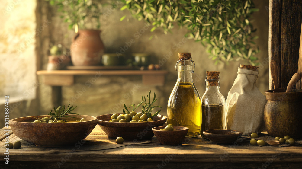 A rustic scene with olives and freshly pressed olive oil. The ingredients are displayed in bowls and bottles, ready to be used. There's space for a message or recipe. A rustic scene with olives and freshly pressed olive oil. The ingredients are displayed in bowls and bottles, ready to be used. There's space for a message or recipe.