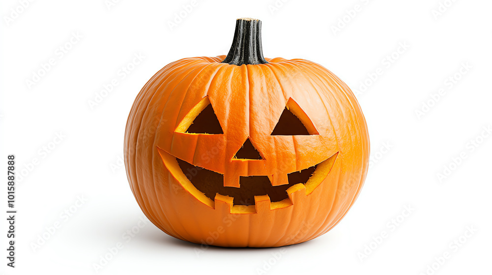 Fototapeta premium Jack-o'-lantern pumpkin with a cheerful expression on a white background.