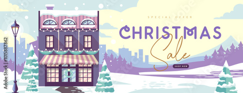 Christmas big sale holiday banner or poster with house, winter landscape, city, forest and mountains. Christmas background. Flat design. Vector illustration