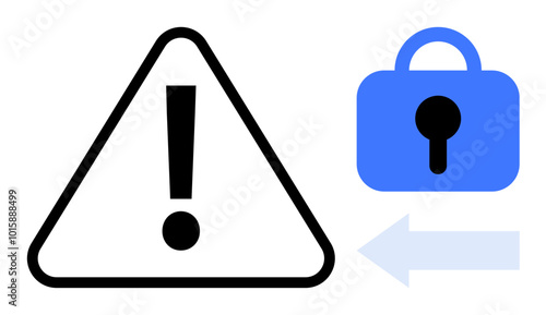 Black exclamation mark inside a triangle accompanied by a blue padlock and light blue left arrow. Ideal for security alerts privacy protection data safety access control and cautionary notices
