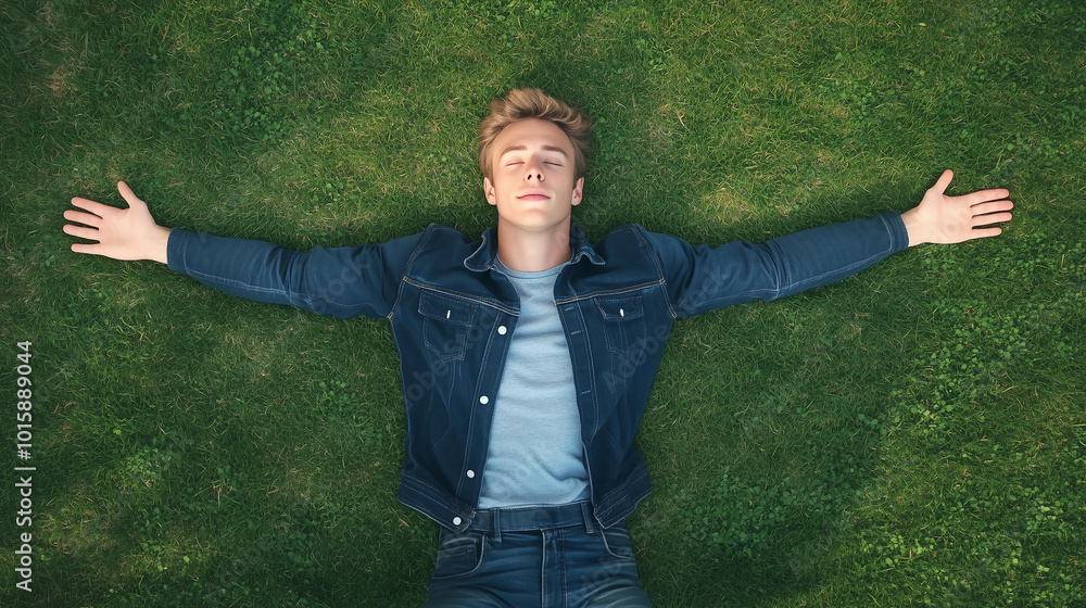 A handsome blond man in jeans and a denim jacket lies on the green grass with his arms outstretched. A handsome blond man in jeans and a denim jacket lies on the green grass with his arms outstretched.