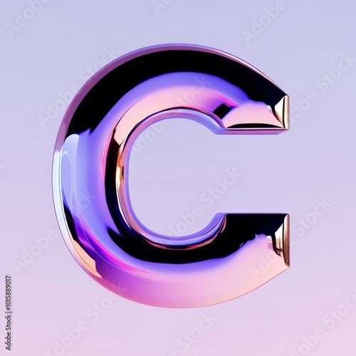 The letter "C", made in 3D style. front view. The letter is filled with abstract geometric shapes and lines, playing with light and shadow. The background is a gradient from light purple to deep blue