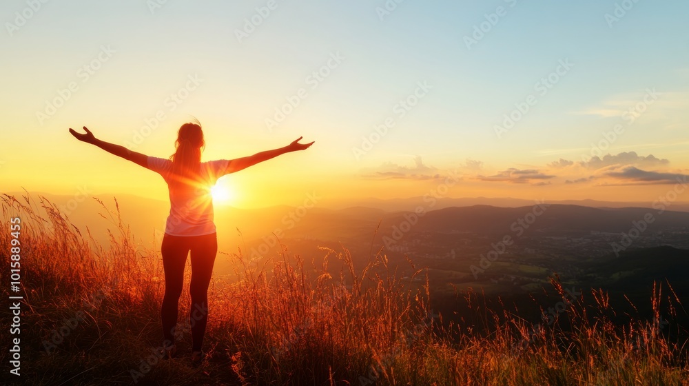 Fototapeta premium Standing on a hilltop at sunrise, a woman with her arms spread wide welcomes the new day. The silhouette captures the rays of light, embodying energy and optimism