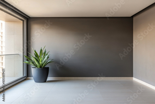 Modern interior design featuring a large potted plant in a minimalist room with a sleek window